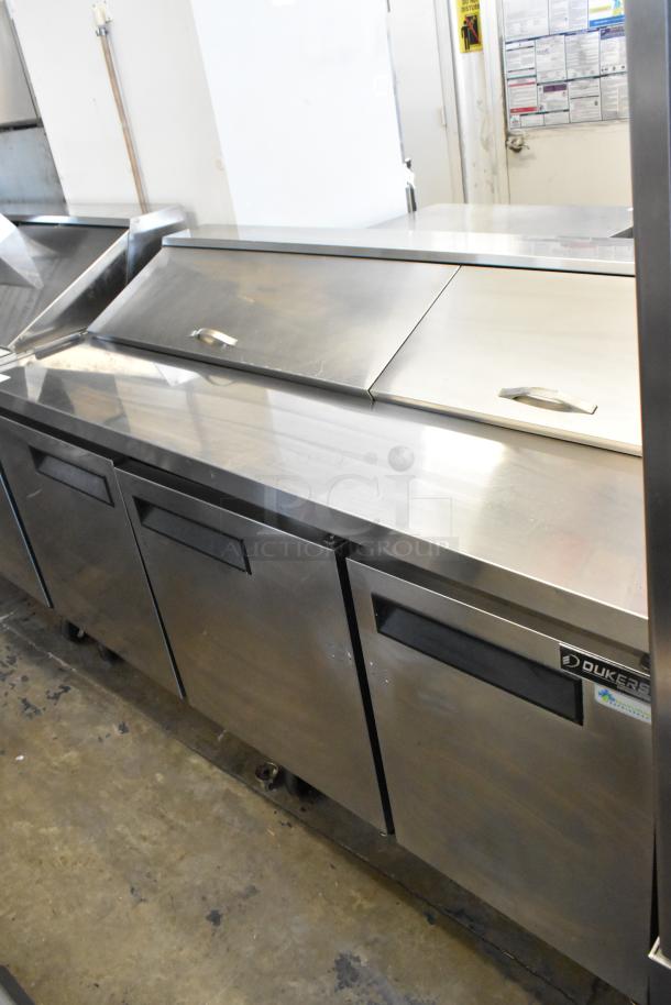 Dukers DSP72 stainless steel commercial prep table, 72" wide, with Mega Top and commercial casters, 115V, 1 phase.