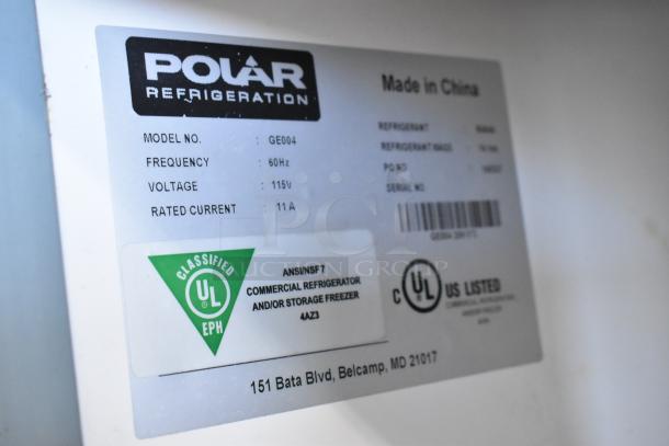 Polar GE004 commercial cooler label, 115V, 1-phase, UL listed. ANSI classified as fridge/freezer. Made in China.
