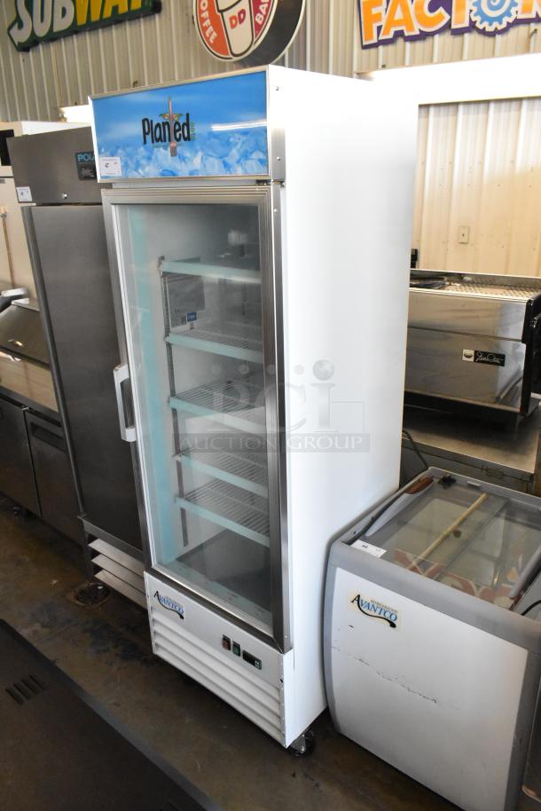 2022 Avantco 178GDC12FHCW commercial cooler, single glass door, poly coated racks, 115V, used condition, visible branding.