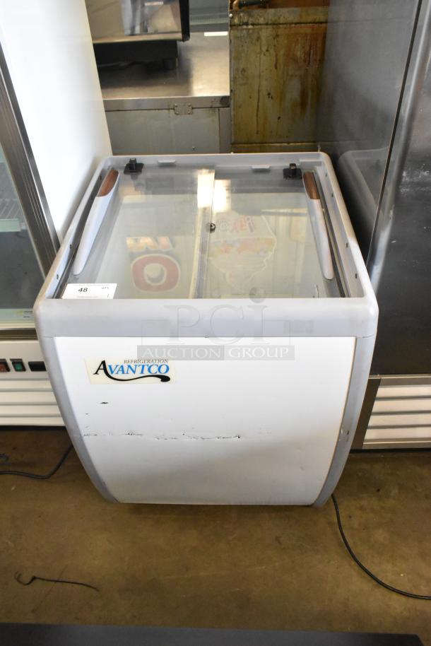 Avantco 360ADC4HC metal commercial chest freezer merchandiser on casters, 115V, 1 phase, with visible minor wear.