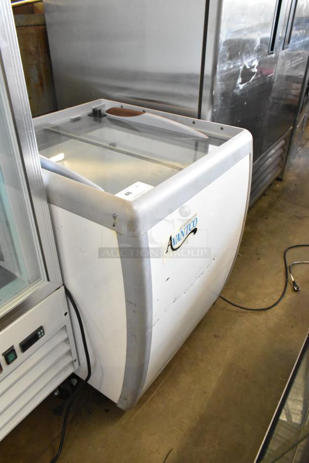 Avantco 360ADC4HC metal commercial chest freezer merchandiser with glass top, on casters. 115 volts, 1 phase. Used condition.