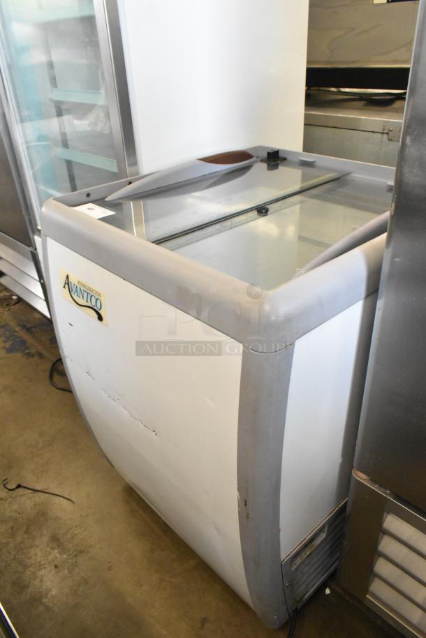 Avantco 360ADC4HC metal commercial chest freezer on casters. Features glass lid, 115V, 1 phase. Visible Avantco logo.