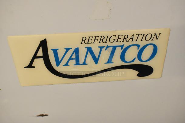 Avantco 360ADC4HC commercial chest freezer, metal, on casters, 115V, label shows Avantco logo.