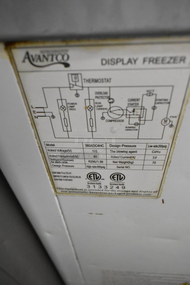 Avantco 360ADC4HC metal chest freezer with label detailing voltage (115V), phase (1), and refrigerant (R290).