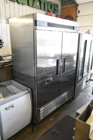 Summit ARS49ML stainless steel 2-door commercial cooler, poly-coated racks, on casters, 115V, 1 phase, visible wear.