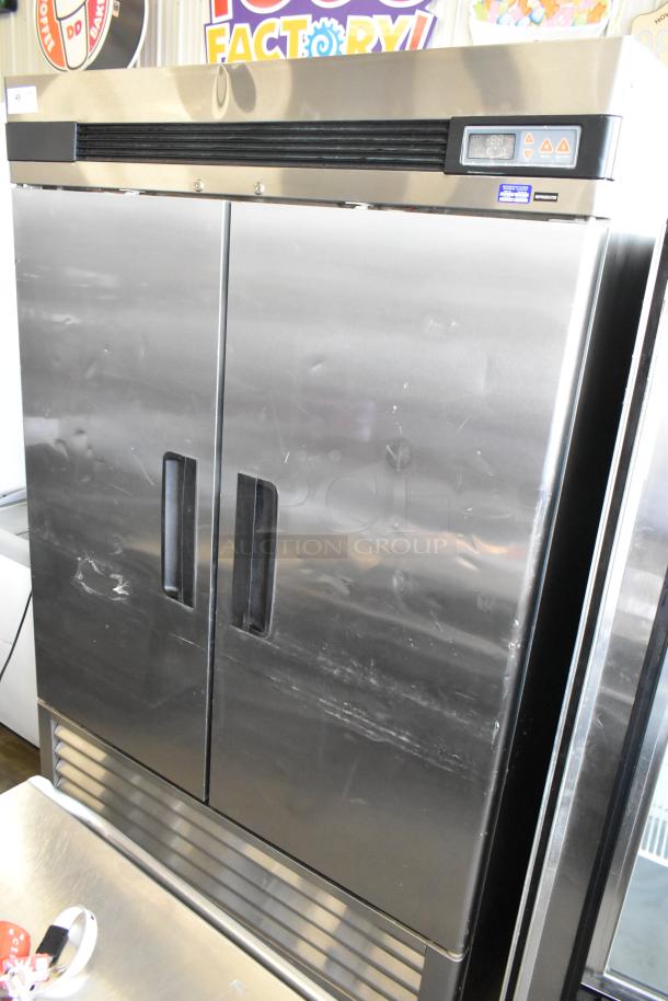 Summit ARS49ML stainless steel commercial 2-door cooler with poly coated racks and casters. 115V, 1 Phase.