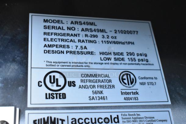 Summit ARS49ML label detailing model, serial number, refrigerant type, and 115V electrical spec. UL and ETL listed.