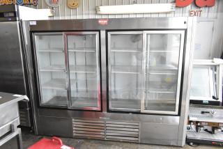 Leader LS96S S/C 4-Door Commercial Cooler, features glass doors, poly coated racks, 115V, stainless steel finish.
