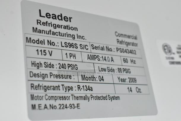 Leader LS96S S/C commercial cooler label, 115 volts, 1 phase, R-134a refrigerant. Model and serial numbers visible.