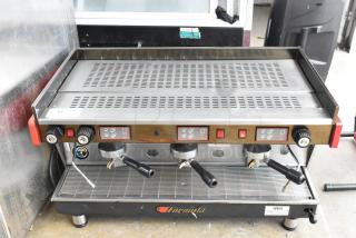 Wega Formula EVO 3 commercial espresso machine with 3 groups, 3 portafilters, 2 steam wands, 220V. Stainless steel finish.