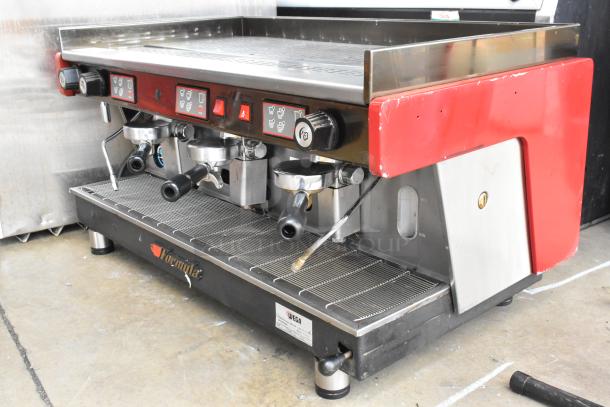 Wega Formula EVO 3 commercial espresso machine with three groups, three portafilters, two steam wands; 220 volts.