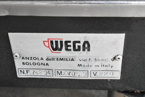 Wega Formula EVO 3 Espresso Machine label showing model, voltage, and "Made in Italy" marking for auction.