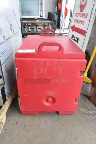 Red Cambro 300MPG Poly Insulated Food Carrying Case; minor wear visible. Logo embossed, sturdy handles, metal latches.