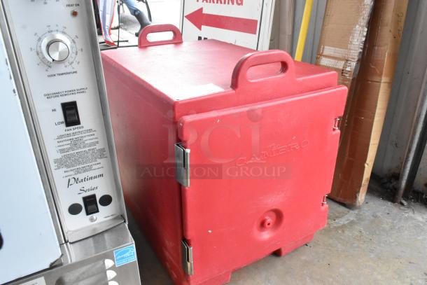 Cambro 300MPG red poly insulated catering case, durable design, front view with embossed logo, sturdy handles, excellent condition.