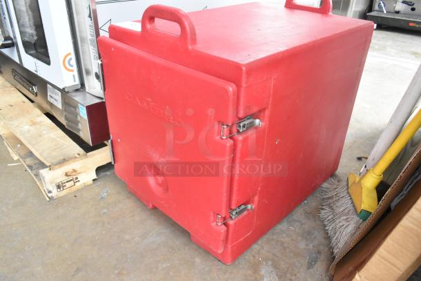 Red Cambro 300MPG poly insulated catering food carrying case with handles, visible latches, and embossed logo.