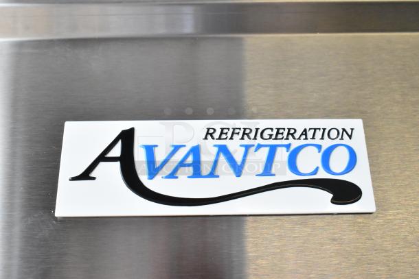 Alt text: 
Avantco logo on stainless steel surface of new 2025 Avantco 178SS3RHC 3 Door Reach In Cooler, 115V, 1 Phase.
