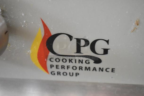 Cooking Performance Group logo on a stainless steel surface indicating the brand of the 2023 commercial range.