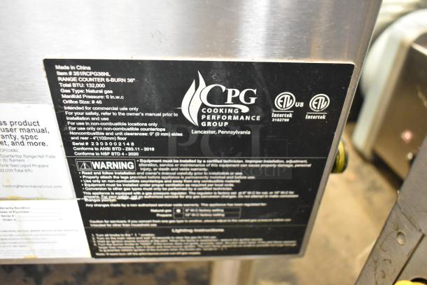 2023 CPG stainless steel commercial 6 burner range, model 351RCPG36NL, 132,000 BTU, natural gas, countertop model.