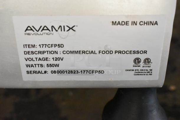 AvaMix 177CFP5D metal commercial countertop food processor, 120 volts, 550 watts, made in China, serial number 0800012823-177CFP5D.