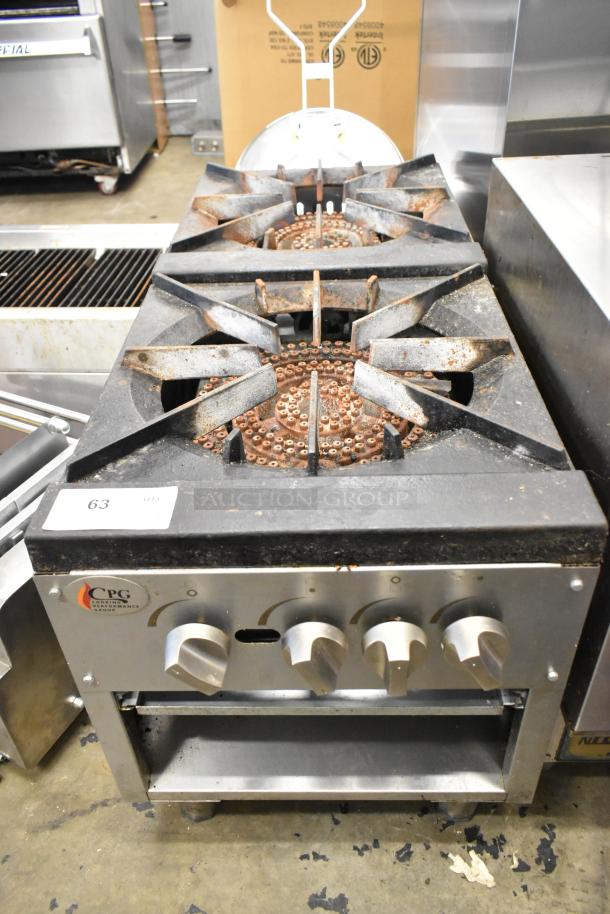 Cooking Performance Group 2 Burner Gas Range, model 351CPGDSPRN. Stainless steel, 160,000 BTU, commercial use.