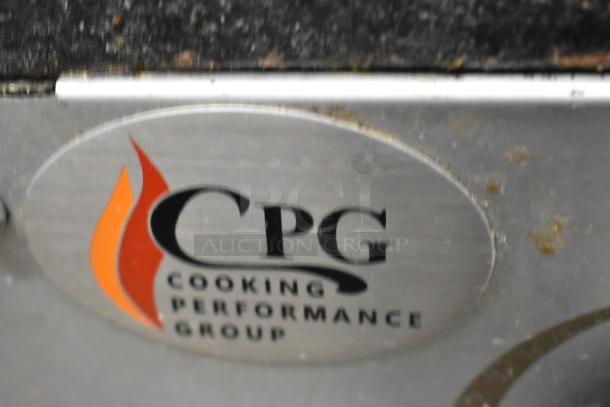 Cooking Performance Group stainless steel label with logo on 2 burner range, model 351CPGDSPRN, 160,000 BTU.