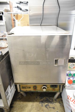 Southbend RapidSteam RS-4E single deck steam cabinet in stainless steel, commercial electric, 208V, 1/3 phase, visible wear.