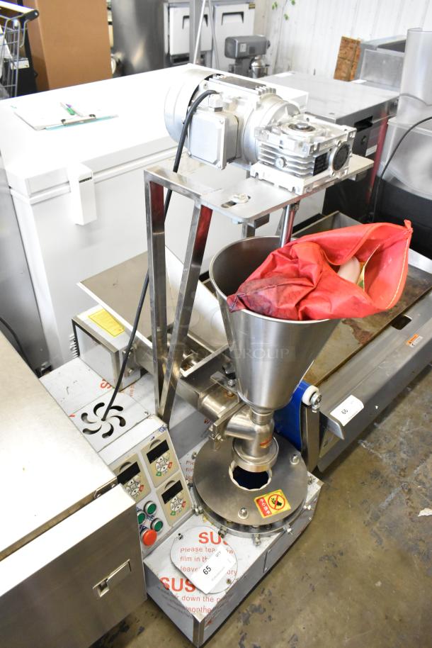 Stainless steel commercial unit on casters with MNMRV40 gear reducer, featuring control buttons and funnel.