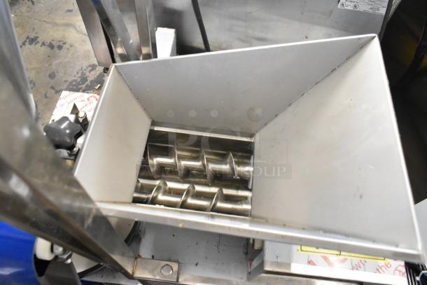 Stainless steel commercial unit with MNMRV40 gear reducer, mounted on heavy-duty casters, features dual augers.