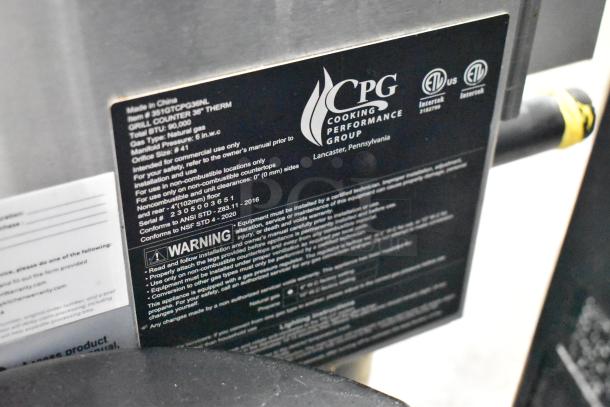 Cooking Performance Group CPG 351GTCPG36NL tag. Stainless steel natural gas flat top griddle. 90,000 BTU. Model and safety info displayed.