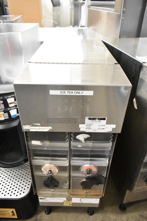 Bunn ICDD-3 stainless steel iced coffee dispenser reservoir, commercial grade. Labels indicate "ICE TEA ONLY." In used condition.