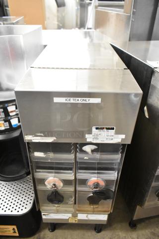 Bunn ICDD-3 stainless steel iced coffee dispenser reservoir, commercial grade. Labels indicate "ICE TEA ONLY." In used condition.