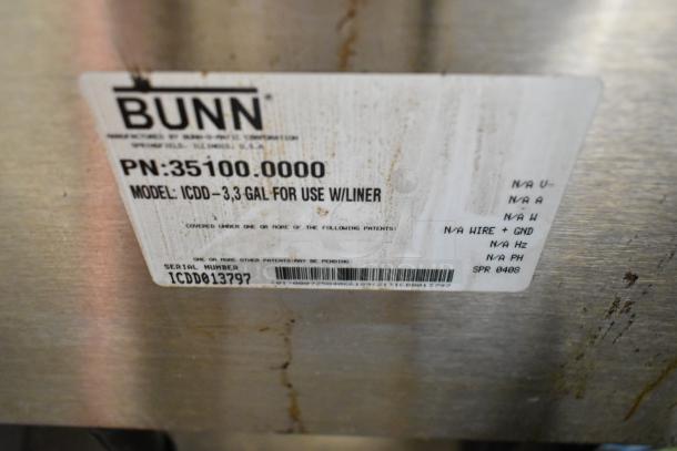 Bunn ICDD-3 Stainless Steel Commercial Iced Coffee Dispenser Reservoir, Model ICDD-3, capacity 3.3 gallons, visible label with model and serial number.