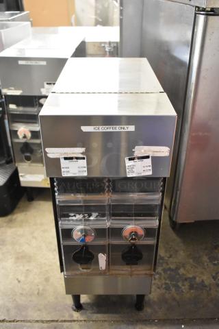 Bunn ICDD-3 stainless steel iced coffee dispenser, commercial use, labels indicating use, good condition.