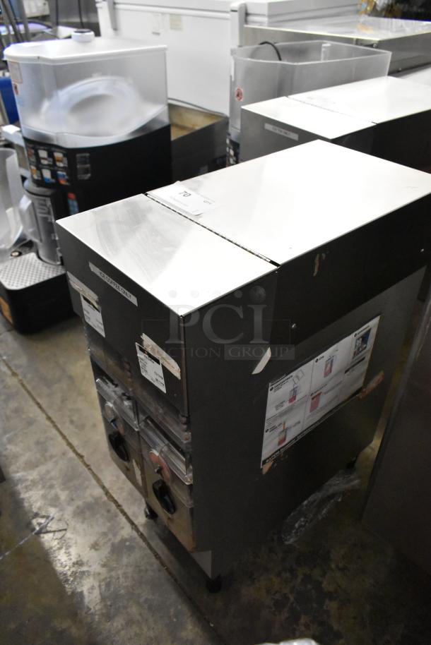 Bunn ICDD-3 stainless steel commercial iced coffee reservoir, dual dispensers, minor wear, labeled "Decaf Coffee Only."