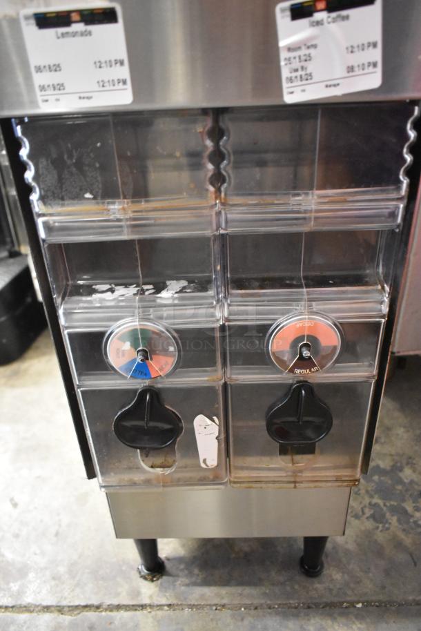 Bunn ICDD-3 stainless steel iced coffee dispenser, dual reservoirs, visible labels for tea and coffee, commercial use.