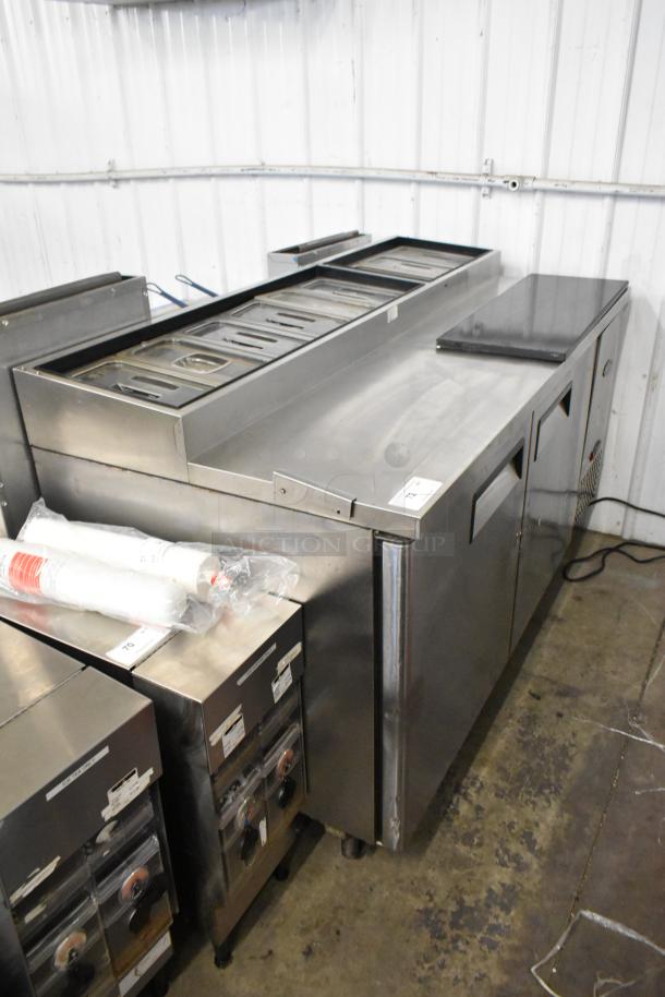 2018 Atosa MPF8202GR stainless steel commercial prep table with storage. Features commercial casters, 115V, 1 phase power.