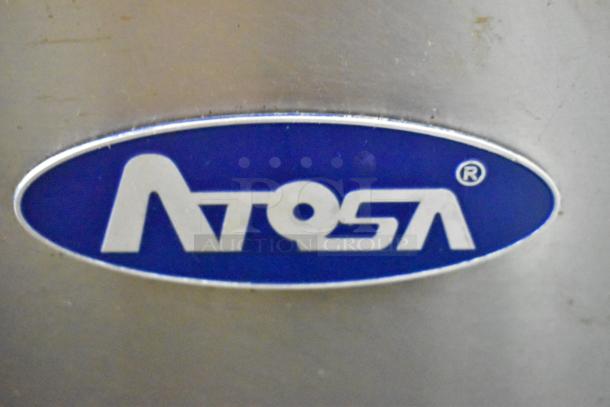 Atosa logo on a stainless steel commercial prep table, model MPF8202GR, 115 volts, 1 phase.