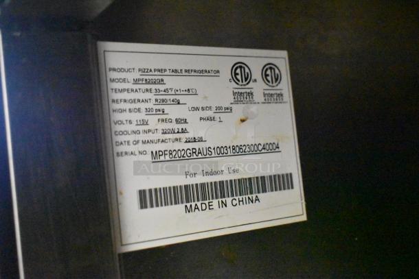 2018 Atosa MPF8202GR stainless steel prep table label, 115V, 1 Phase, refrigerant R290, ETL certified, made in China.