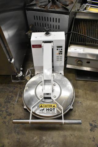 Estella 34BDPC18T dough press, metal, commercial countertop model. Features "Caution Hot" label. 240 Volts, 1 Phase.