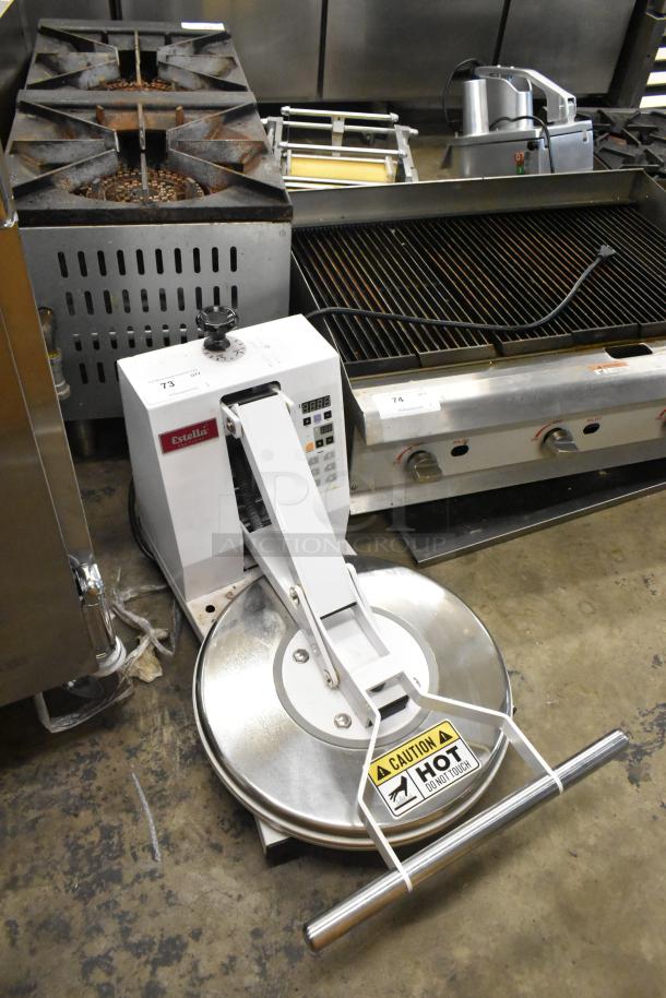 Estella 34BDPC18T metal dough press, ideal for commercial use. Features caution label, operates on 240V, 1 phase.