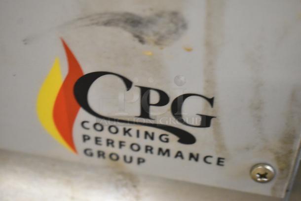 Cooking Performance Group logo on stainless steel charbroiler grill, model 351CLNG36NL, indicating a 2022 commercial unit.