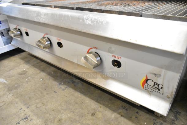 2022 CPG 351CLNG36NL stainless steel commercial charbroiler, natural gas, 120,000 BTU, used, visible control knobs.