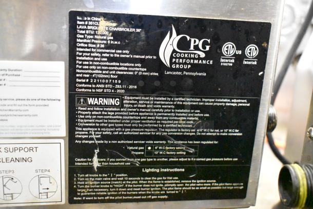 Cooking Performance Group 351CLNG36NL Stainless Steel Commercial Charbroiler, 120,000 BTU, natural gas, 2022 model label.