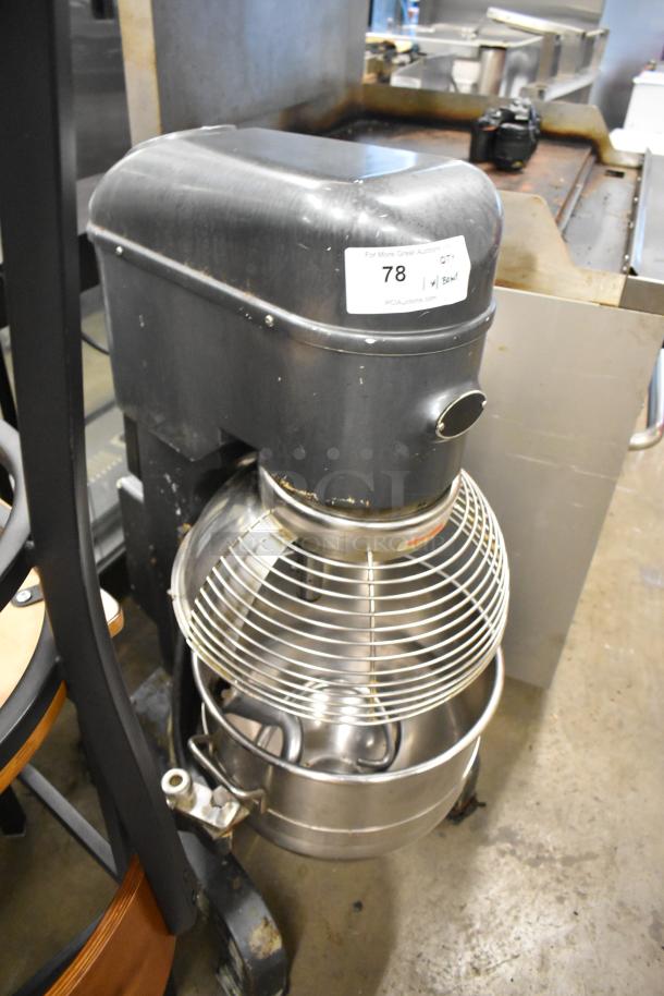 Avantco MX30 30-Quart Dough Mixer with stainless steel bowl, bowl guard, and dough hook. 120V, 1-phase. Visible wear.