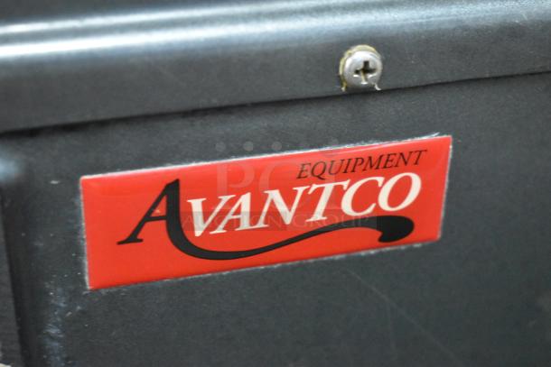 Avantco MX30 commercial dough mixer label, red background with Avantco branding, metal casing visible.