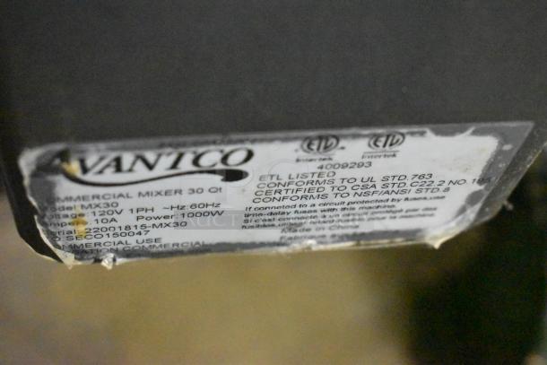 Avantco MX30 commercial 30 Qt mixer label, showing model, voltage 120V, phase 1, power 1000W, serial number, and certifications.