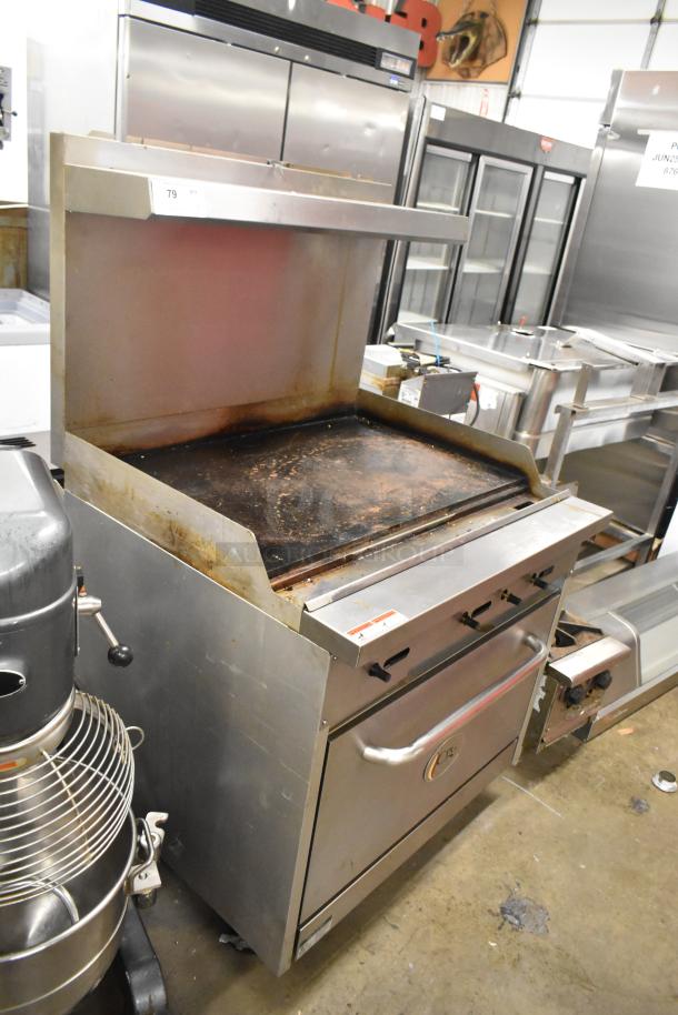 Cooking Performance Group CPG 351S36G36N flat top griddle, stainless steel, natural gas, 120,000 BTU, with oven and overshelf.
