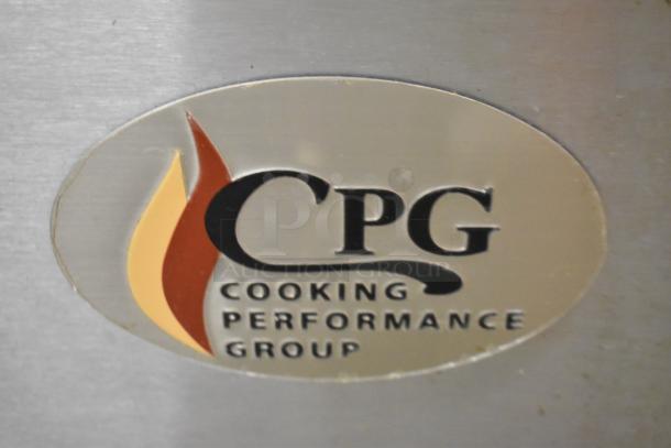 Cooking Performance Group logo on stainless steel surface of the CPG 351S36G36N commercial griddle.
