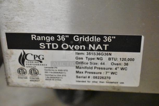 Cooking Performance Group 351S36G36N flat top griddle with oven, 120,000 BTU, gas-powered, stainless steel, label details.