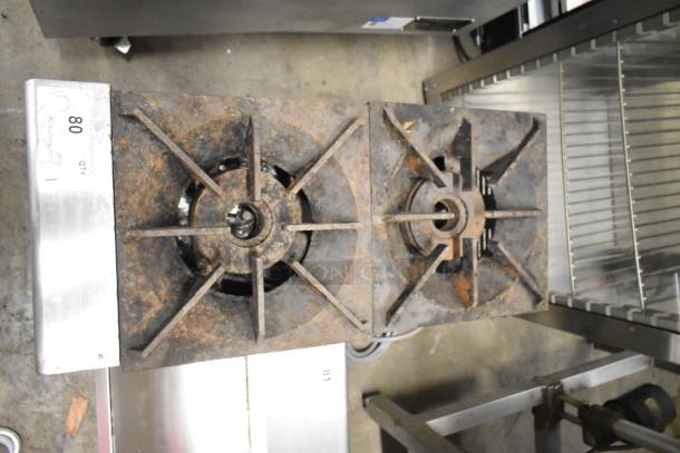 L&J Stainless Steel Commercial 2 Burner Gas Range, worn condition, visible rust on burners, serial number "80" tag visible.